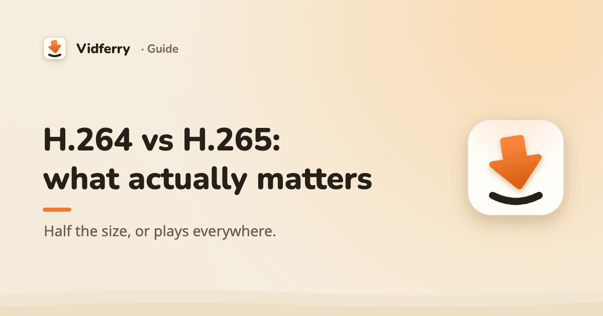 H.264 vs H.265, what actually matters, on a warm Vidferry cover with the app's download-arrow icon.